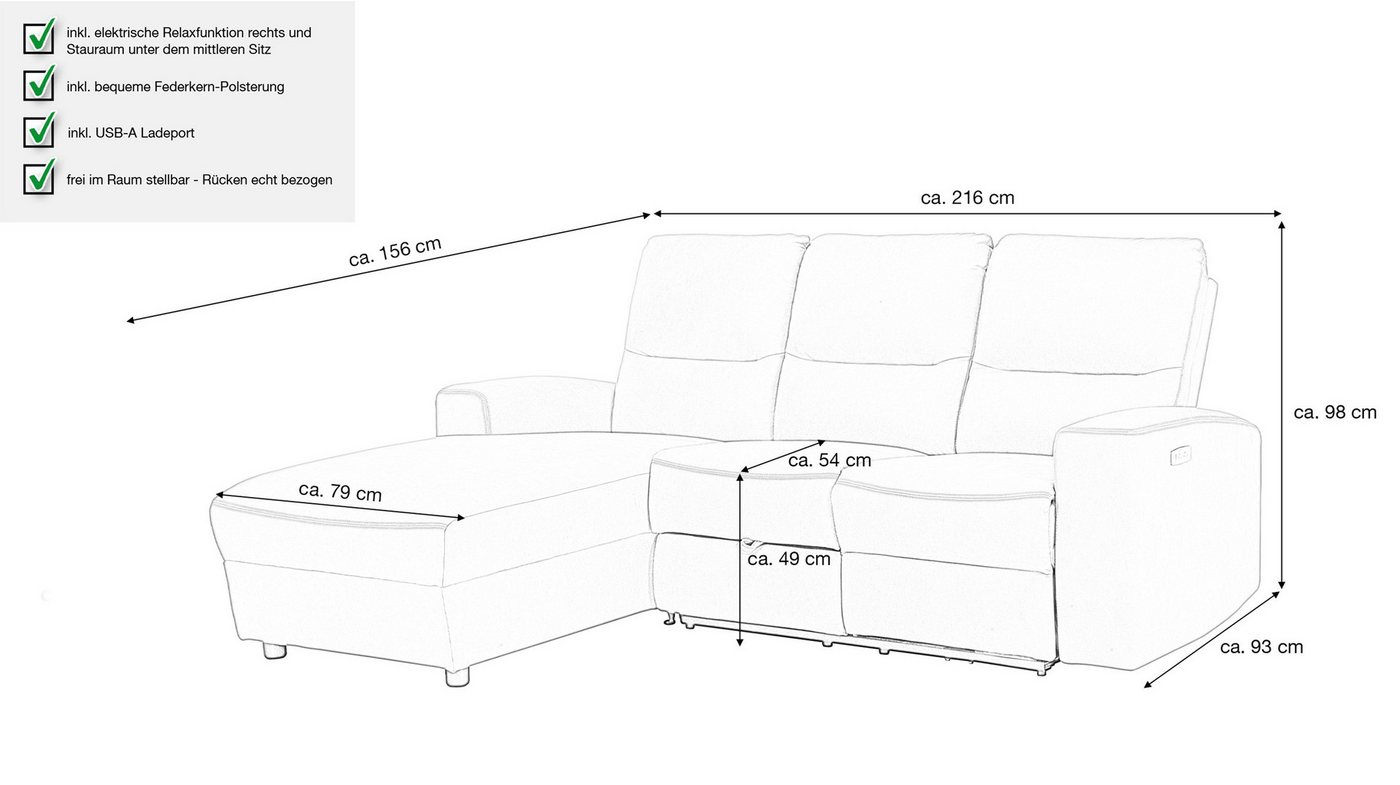 Massivart® Ecksofa Microfaser braun 216x156 cm / Relaxfunktion & USB / Palina, Federkern, Stauraum, Ottomane links, Kontrastnaht – Bild 4 von 5