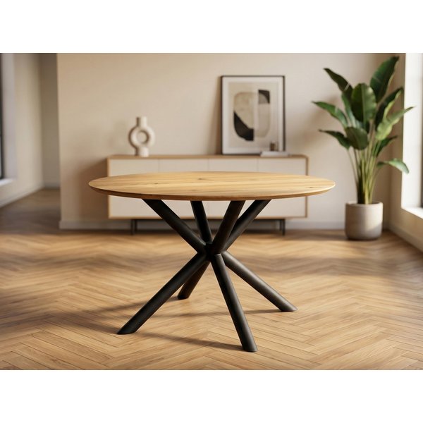 Massivart® Esstisch Eiche Massivholz geölt, rund, Spider-Gestell »LUND«, Schweizer Kante · kompaktes Raumwunder · (120x120 cm)
