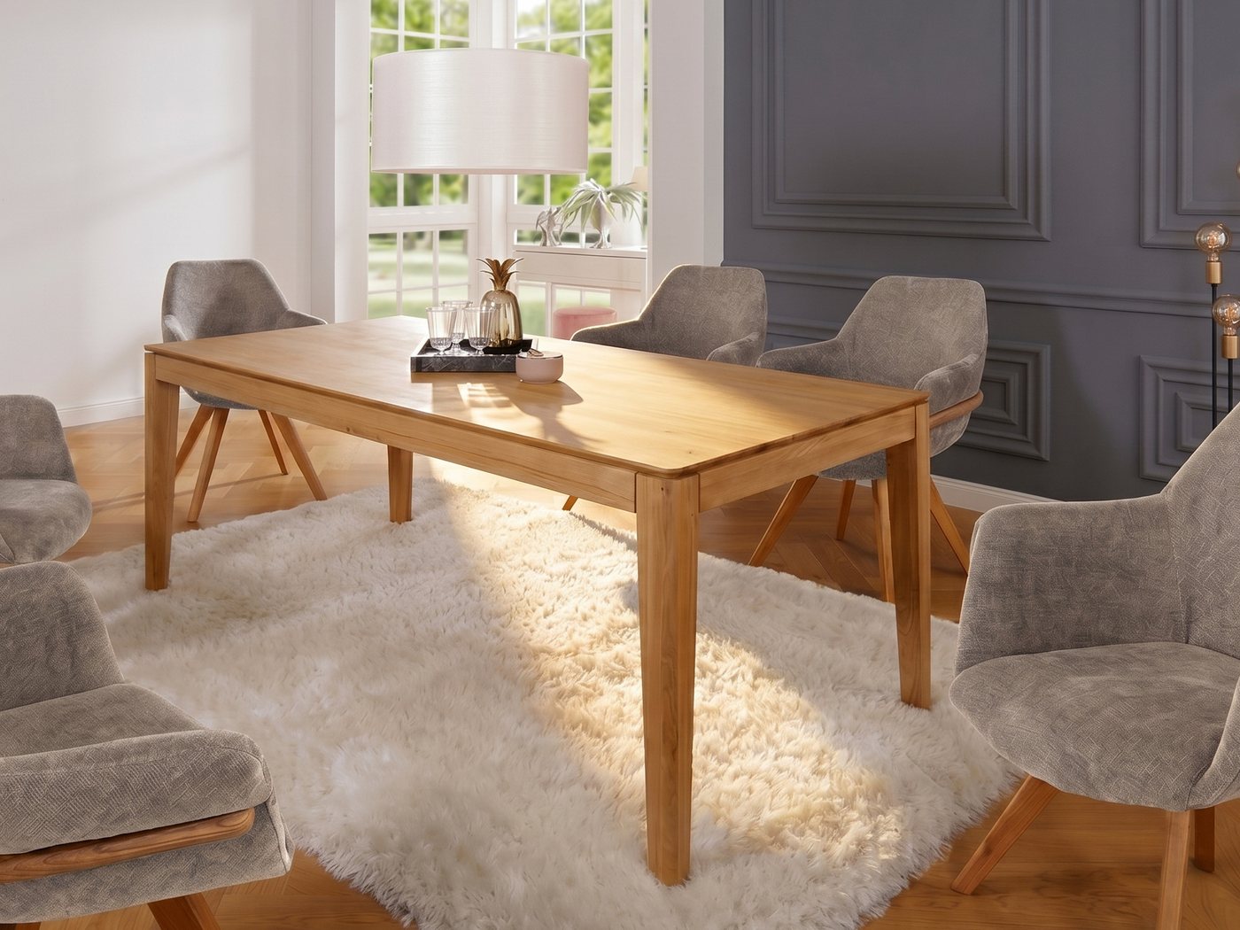 Massivart® Esstisch Wildeiche geölt, ausziehbar Massivholz »FLAVIA«, Butterfly-Auszug 85 cm • schwebende Tischkante • konische Standbeine – Bild 2 von 5