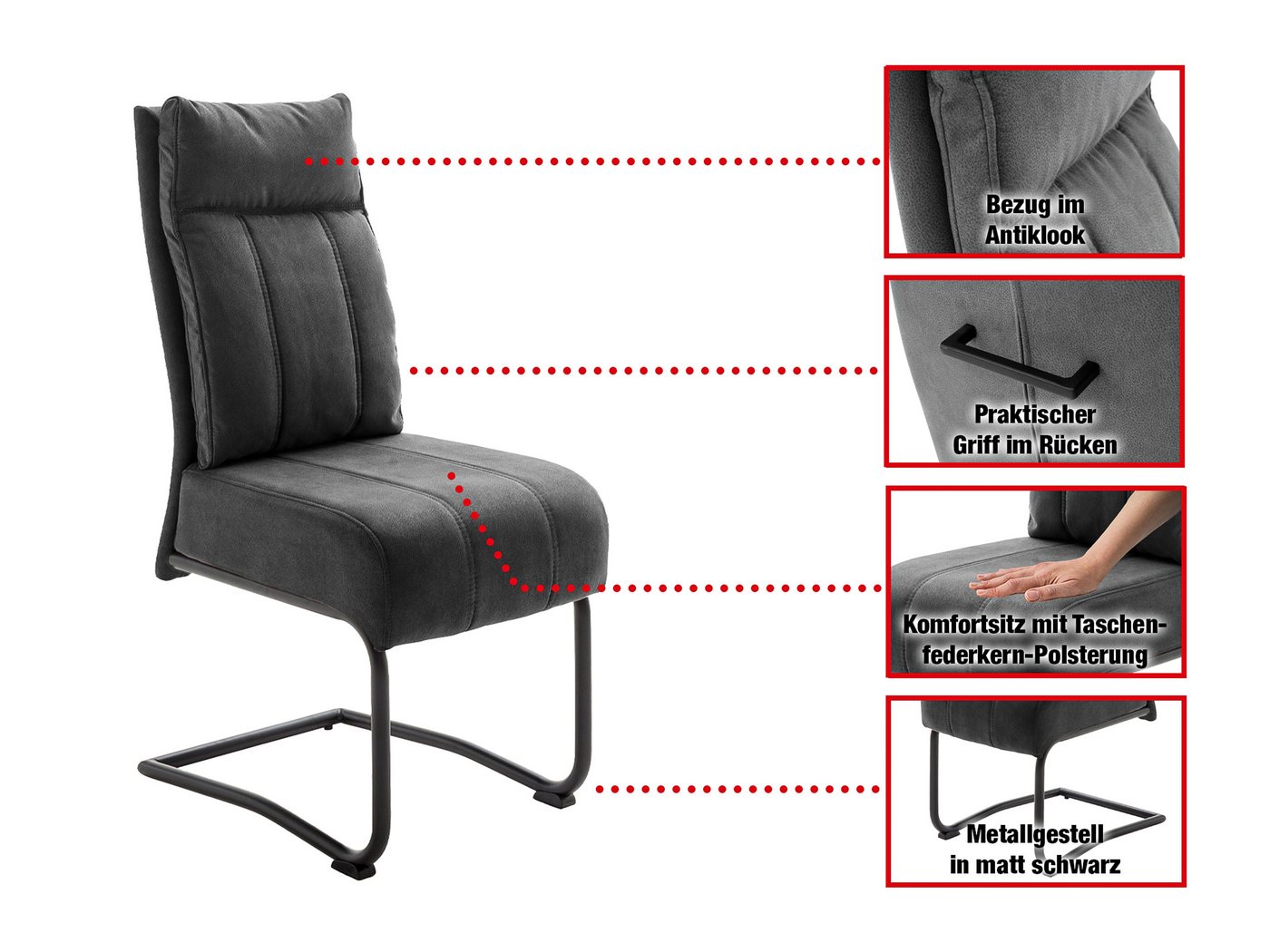 Massivart® Freischwinger mit Taschenfederkern, Microfaser Antiklook, Esszimmerstuhl, »Azul«, praktischer Griff am Rücken · Metallgestell schwarz matt – Bild 3 von 5