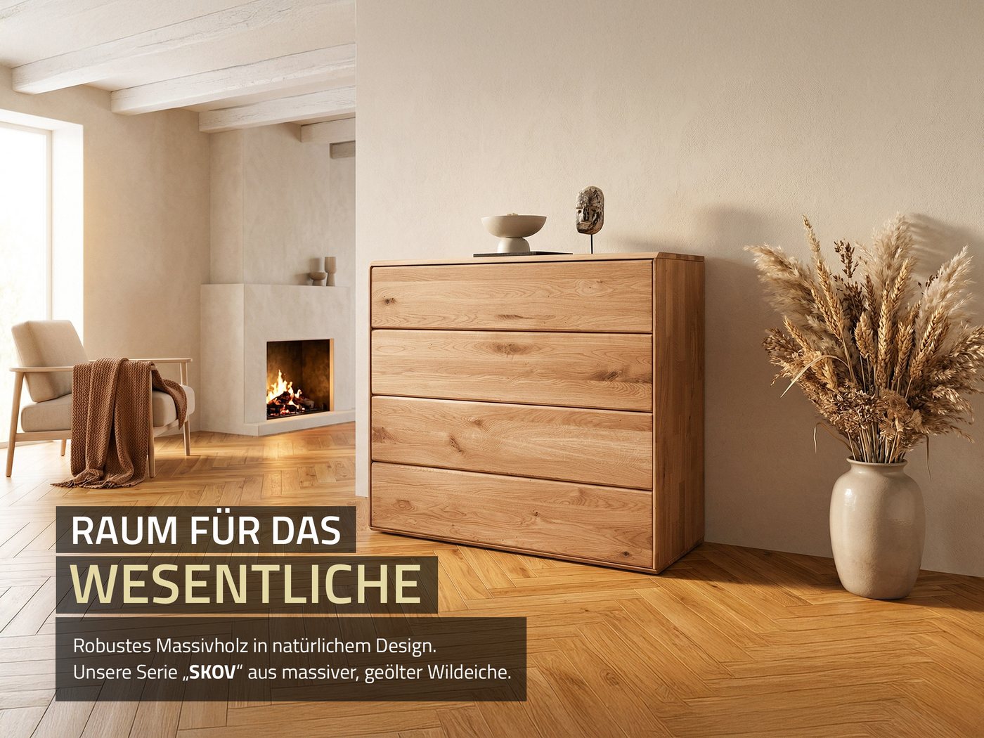 Massivart® Kommode 100 cm Breite 4 Schubladen Wildeiche massiv geölt »SKOV«, Massivholz · griffloses Design · Tip-on-Funktion · viel Stauraum – Bild 3 von 5