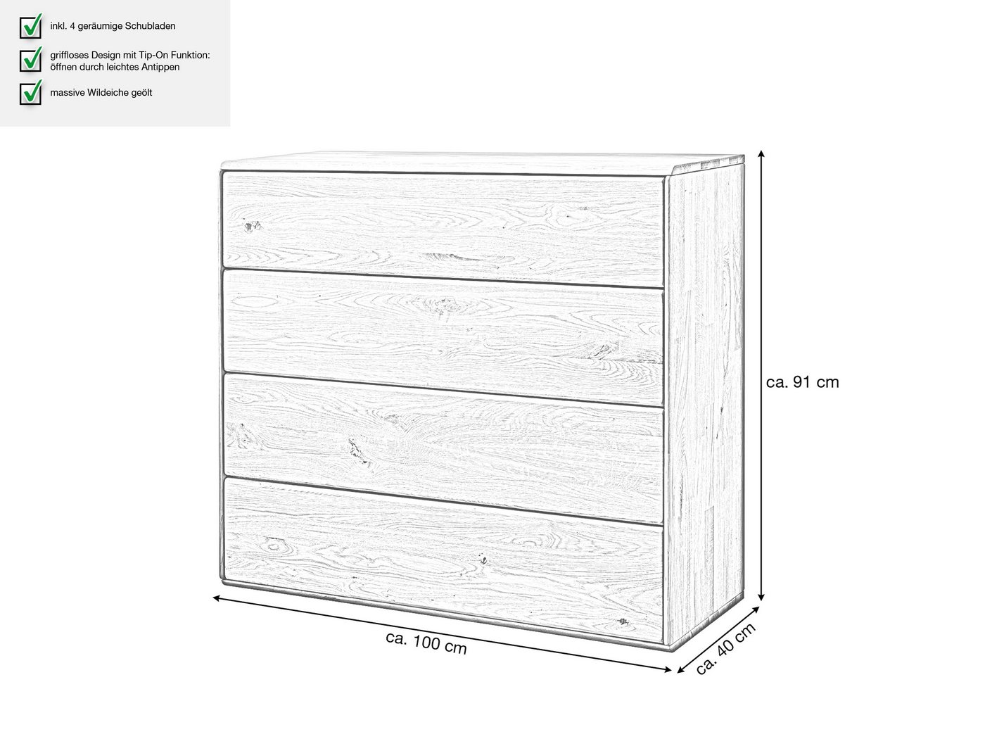 Massivart® Kommode 100 cm Breite 4 Schubladen Wildeiche massiv geölt »SKOV«, Massivholz · griffloses Design · Tip-on-Funktion · viel Stauraum – Bild 4 von 5