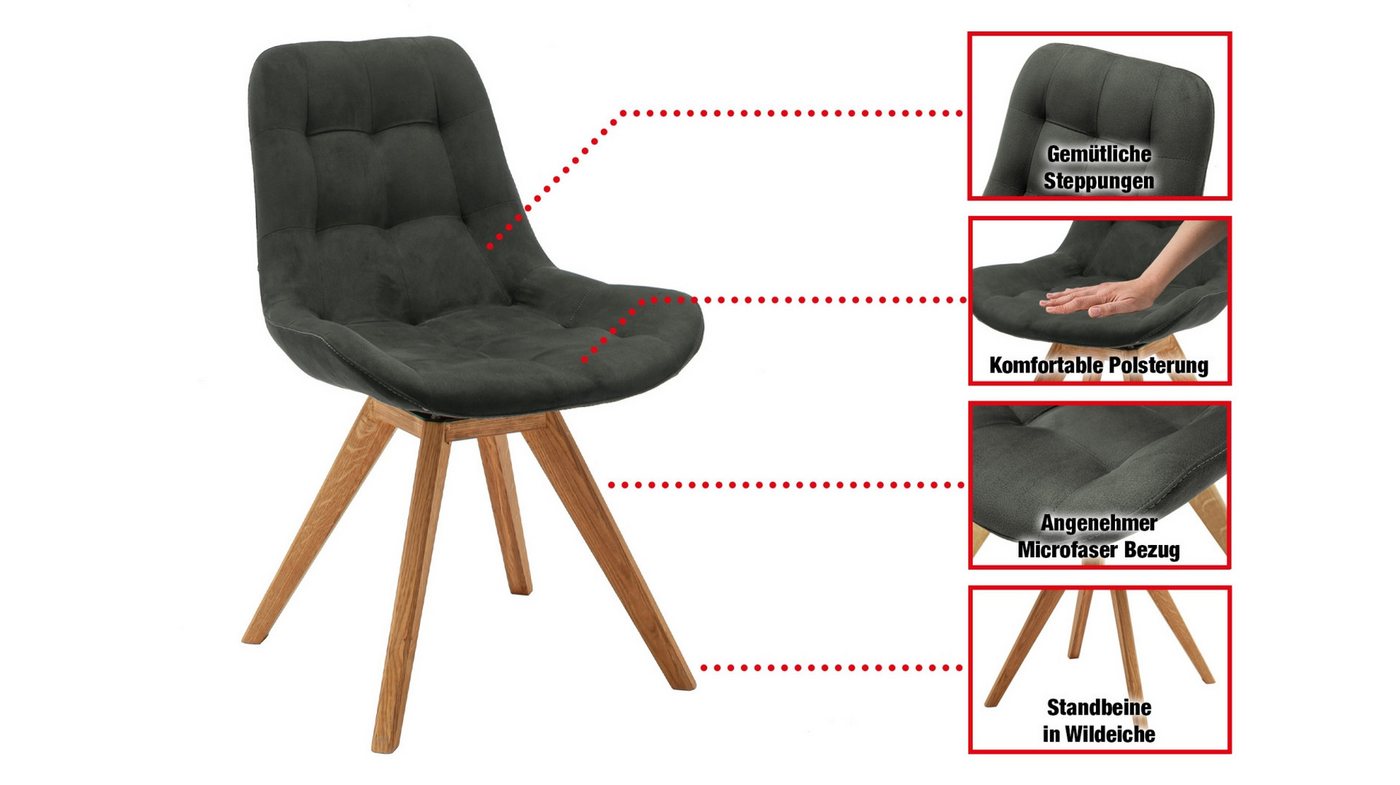 Massivart® Polsterstuhl anthrazit, Massivholz Wildeiche, Microfaser »Belfast«, Schalenstuhl im Scandi-Look mit Steppung – Bild 3 von 5