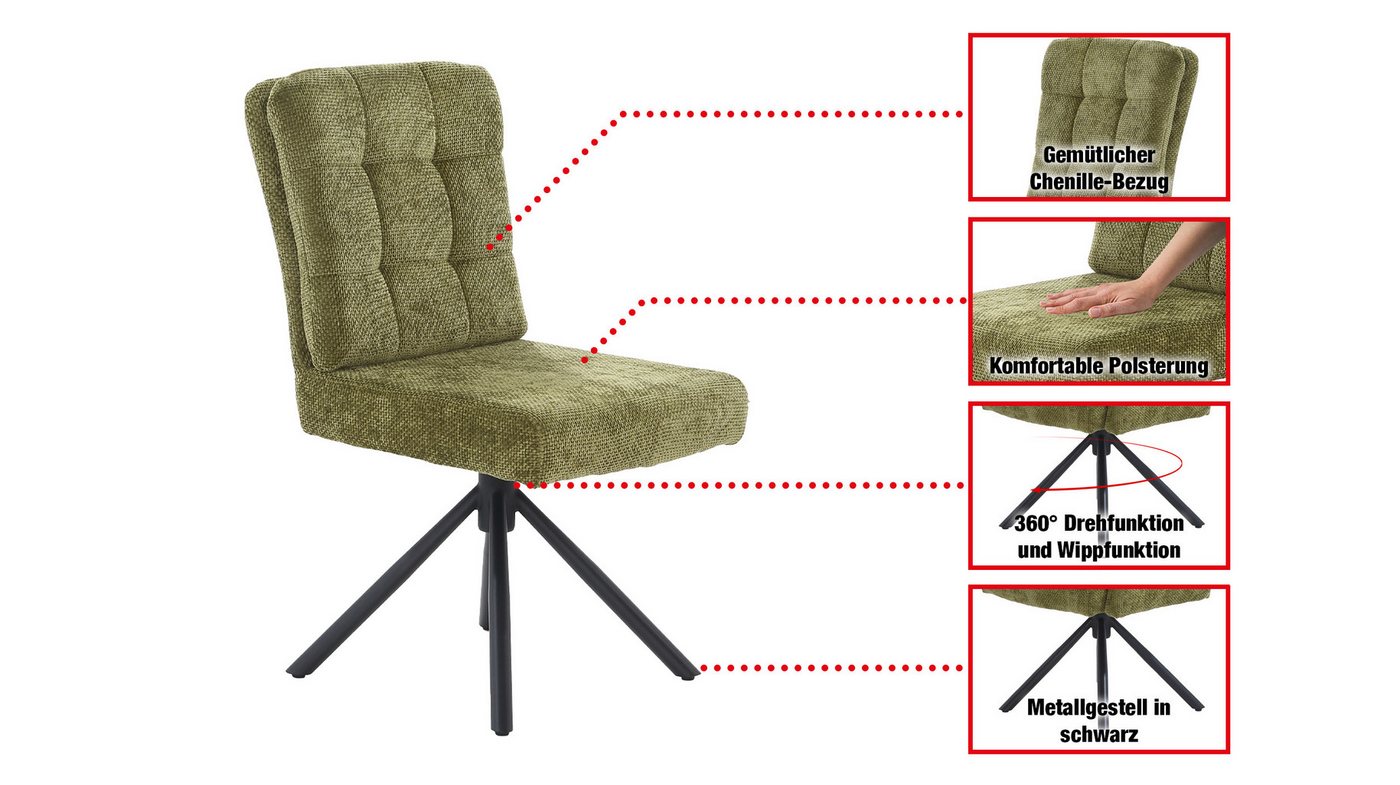 Massivart® Polsterstuhl drehbar, Esszimmerstuhl mit Wippfunktion und Taschenfederkern, »Hedia«, Chenille-Optik · Metallgestell schwarz · mit Nivellierung – Bild 4 von 5