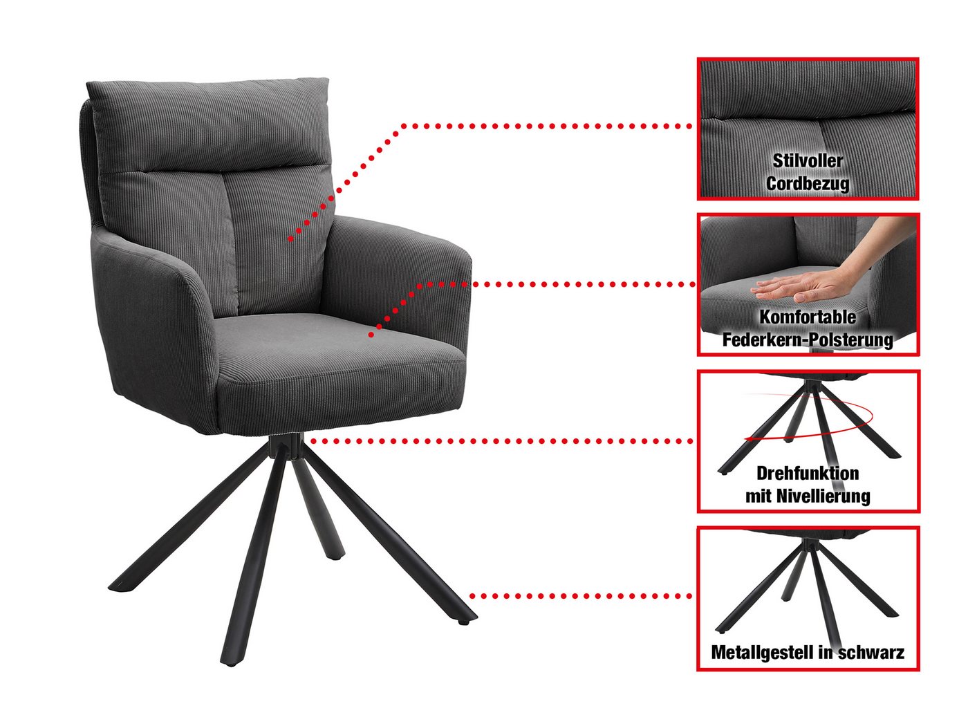 Massivart® Polsterstuhl drehbar, Esszimmerstuhl mit Armlehne, Cord »SOFIA«, Federkern · 180 Grad drehbar · Nivellierung · Metallgestell schwarz – Bild 3 von 5