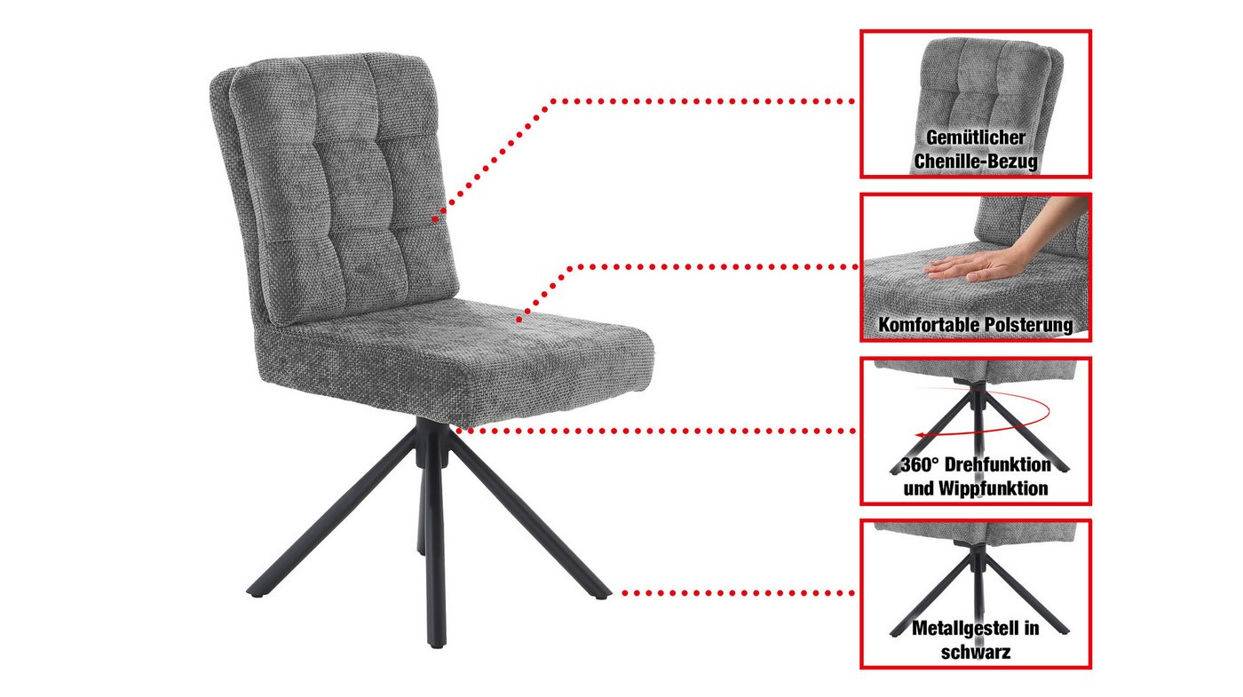 Massivart® Polsterstuhl drehbar, Esszimmerstuhl mit Wippfunktion und Taschenfederkern, »Hedia«, Chenille-Optik · Metallgestell schwarz · mit Nivellierung – Bild 4 von 5