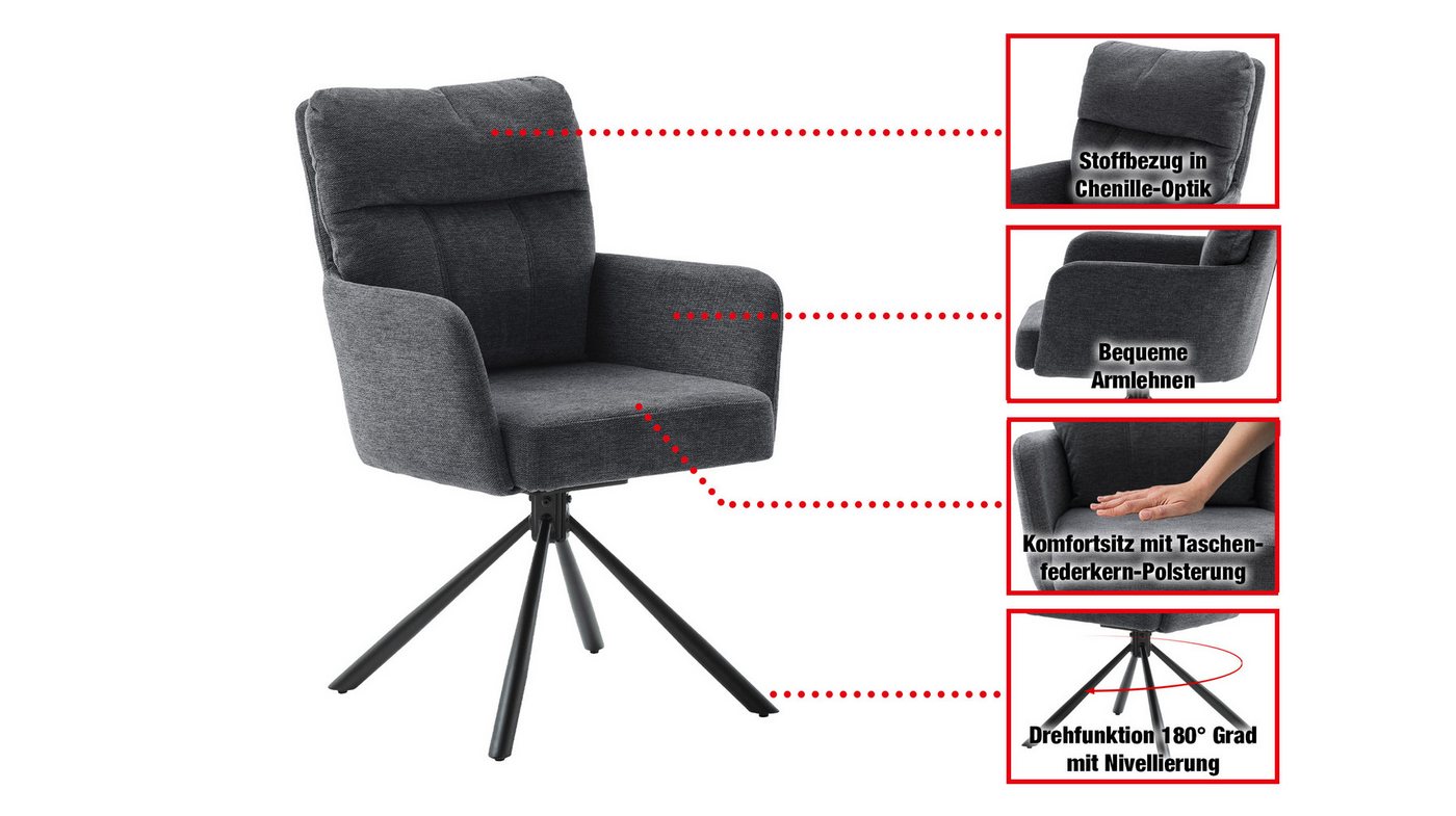 Massivart® Polsterstuhl drehbar, Esszimmerstuhl mit Taschenfederkern, Chenille-Optik, »UTICA«, Armlehnen · Metallgestell matt schwarz · Rückholfunktion – Bild 2 von 5