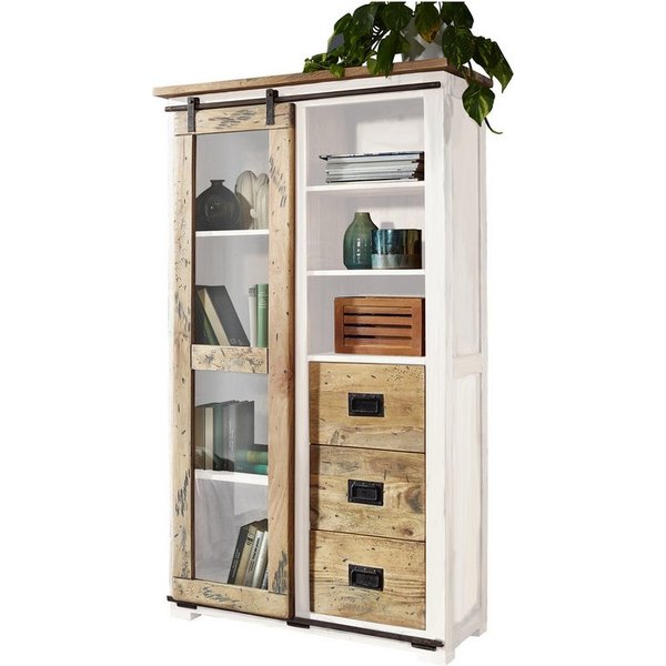 Massivart® Vitrine EMANUEL / Vitrinenschrank / Massivholz Mango / weiß Türapplikationen aus Gusseisen, Beschläge und Schienen aus Eisen