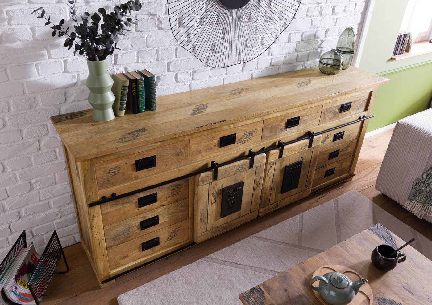 Massivmoebel24 Sideboard RAILWAY Mango Massivholz natur (Massivholz montiert 117 kg RAILWAY #192), Mango 220x45x90 (BxTxH) natur lackiert – Bild 2 von 5