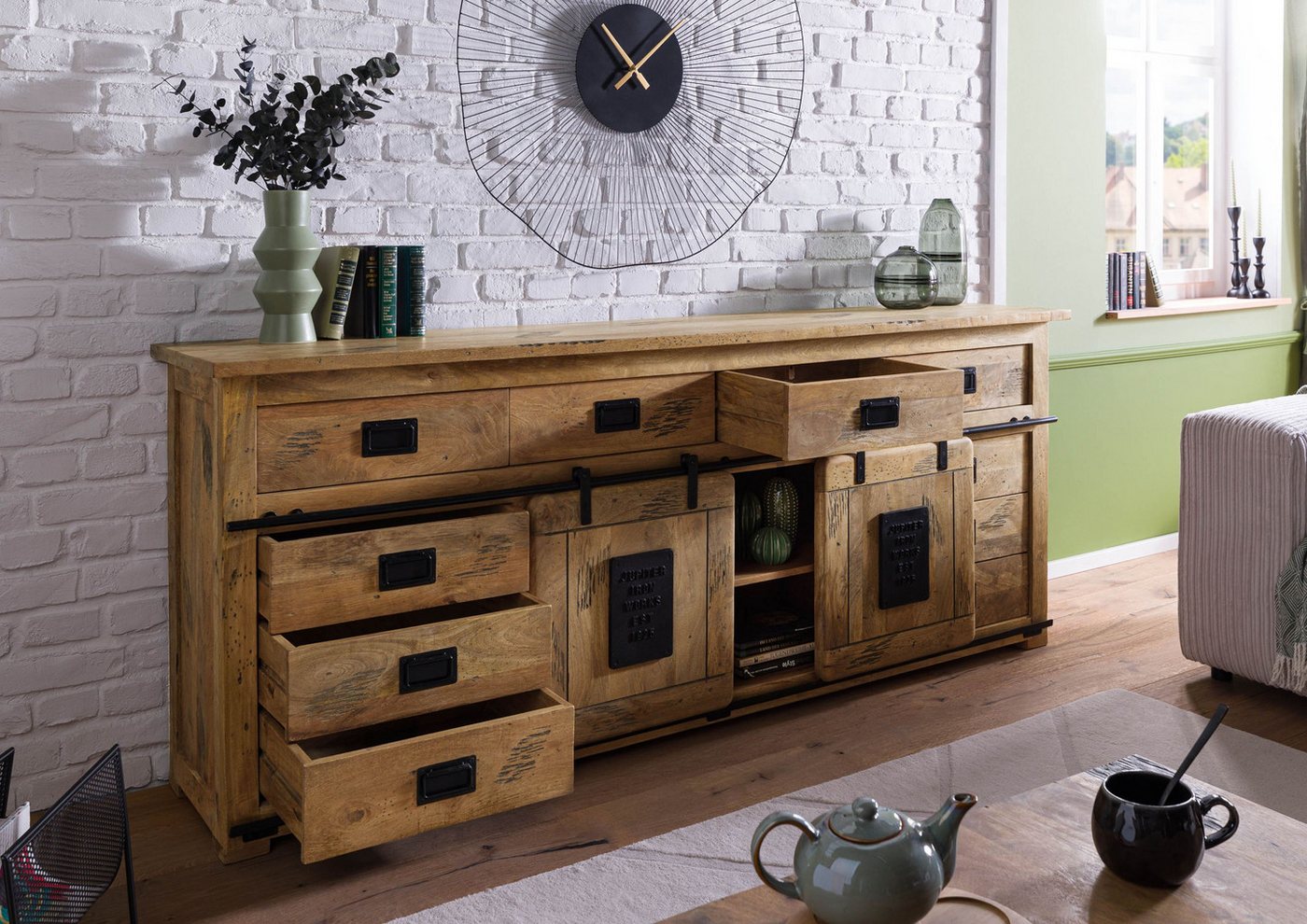 Massivmoebel24 Sideboard RAILWAY Mango Massivholz natur (Massivholz montiert 117 kg RAILWAY #192), Mango 220x45x90 (BxTxH) natur lackiert – Bild 4 von 5