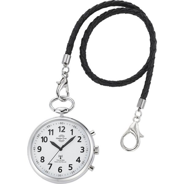 MASTER TIME Taschenuhr Sprechende Taschenuhr, (Set, 2-tlg., mit Lederband), sprechende Funkuhr, Quarzuhr, Status Funkempfang, 4 Alarmzeiten