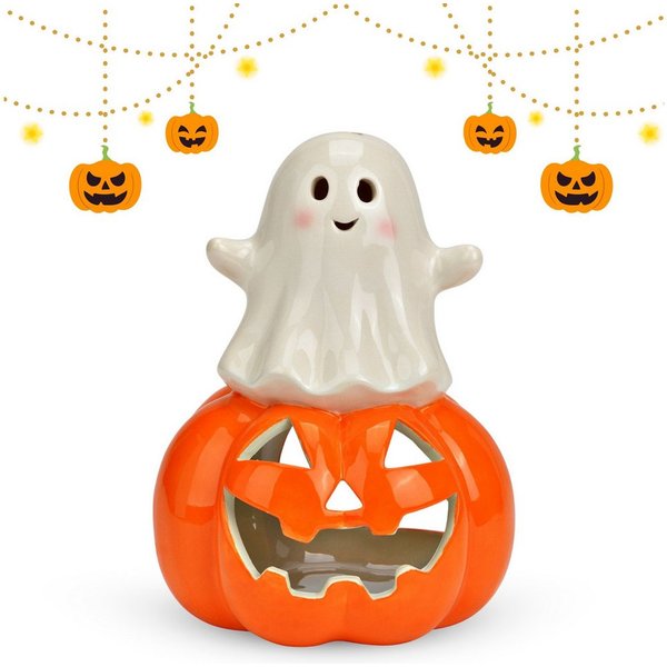 matches21 HOME & HOBBY Bilderrahmen Keramik Windlicht Geist & Kürbis, Weiß, Halloween Deko, 12 cm, (1 St), Ideal für Halloween-Partys & Herbstdeko