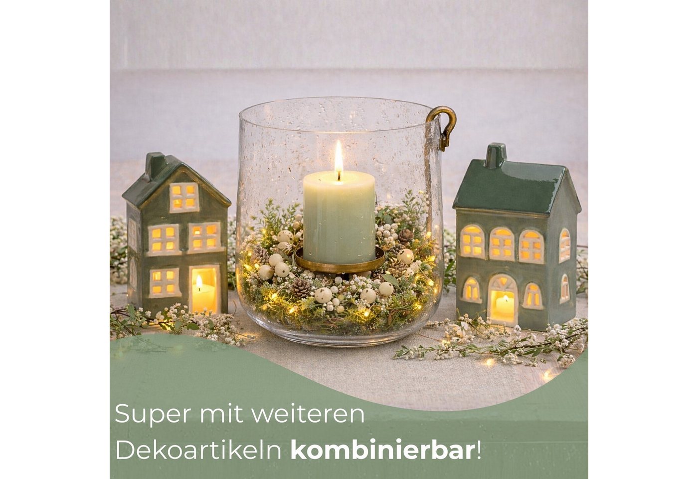 matches21 HOME & HOBBY Bilderrahmen Windlichter Häuser Set, Dekohäuser aus Keramik in Grün, (2 St), Kerzenhalter als Herbstdeko & Winterdeko – Bild 3 von 5