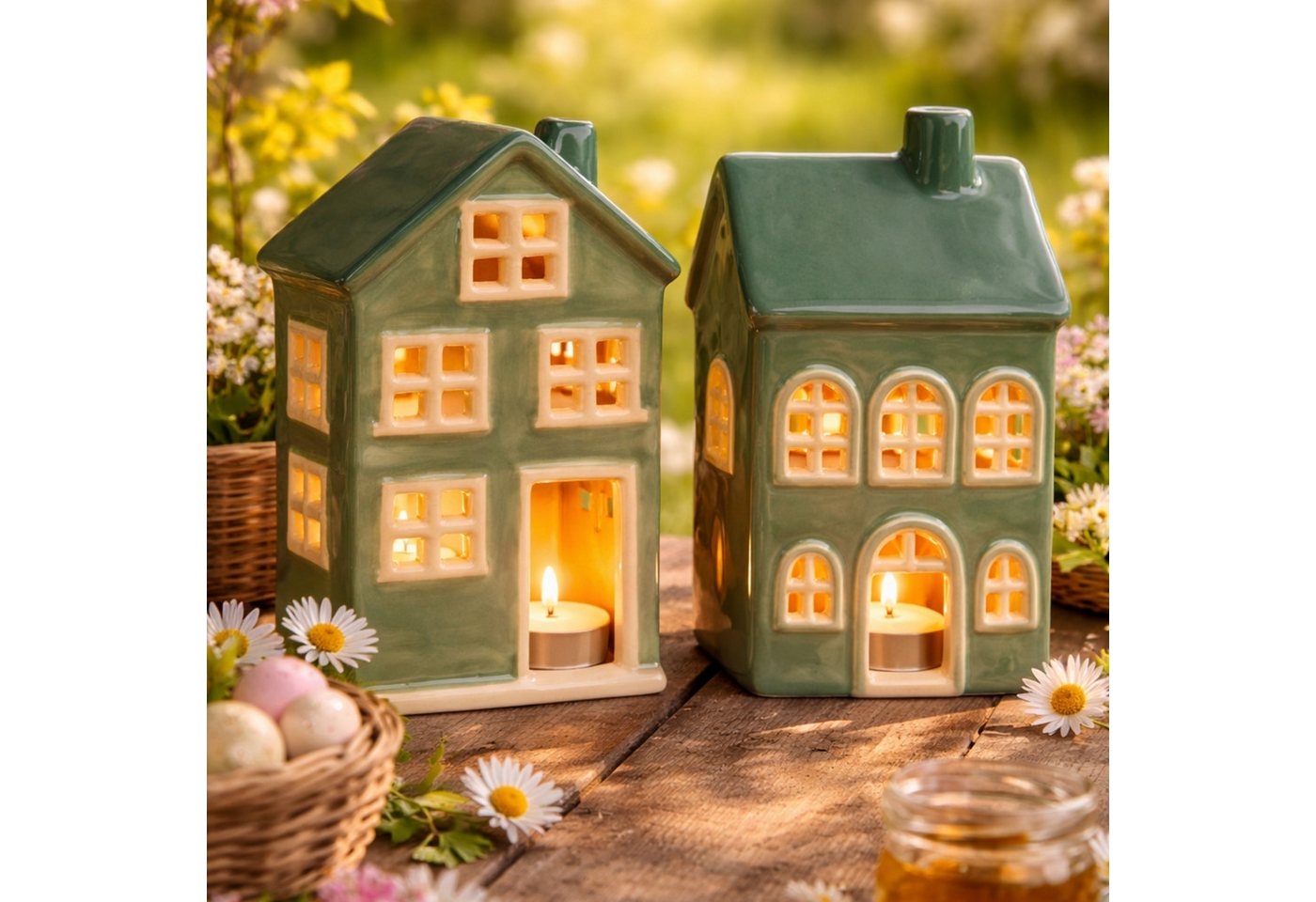 matches21 HOME & HOBBY Bilderrahmen Windlichter Häuser Set, Dekohäuser aus Keramik in Grün, (2 St), Kerzenhalter als Herbstdeko & Winterdeko – Bild 5 von 5