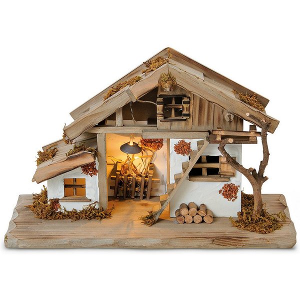 matches21 HOME & HOBBY Krippe Große Weihnachtskrippe Echtholz mit Beleuchtung 39 x 23 x 19cm (1-tlg), Moderne LED Holz-Krippe mit Krippen-Beleuchtung ohne Kripp