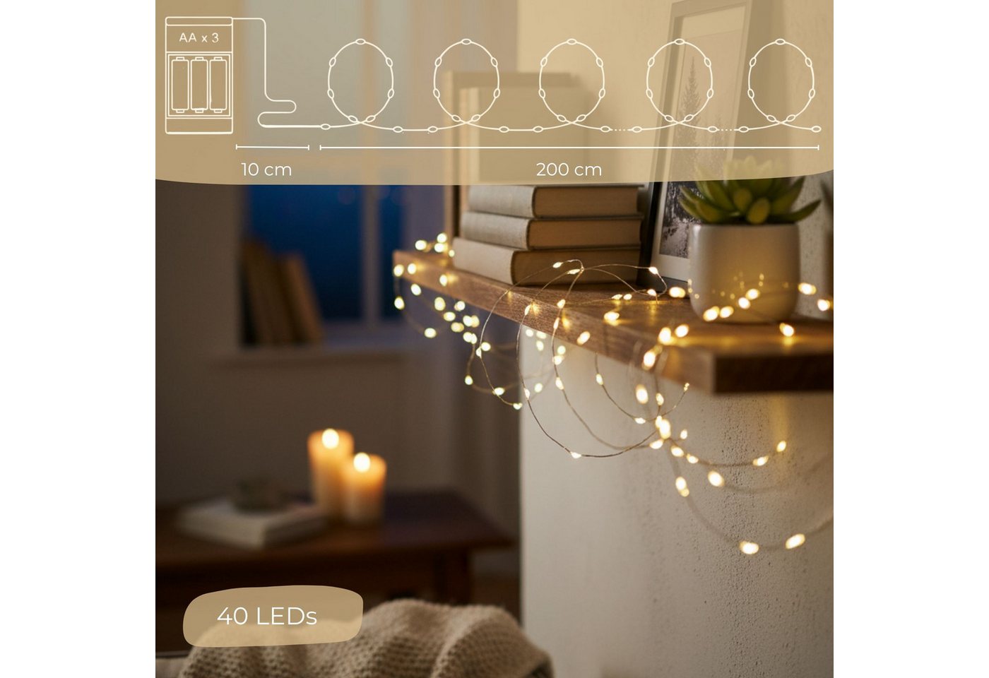 matches21 HOME & HOBBY LED-Lichterkette Mini Lichterkette 2 m, 40 LED Timer Batterie warmweiß innen, 40-flammig, Micro Draht Beleuchtung Indoor Leuchtdeko – Bild 2 von 5