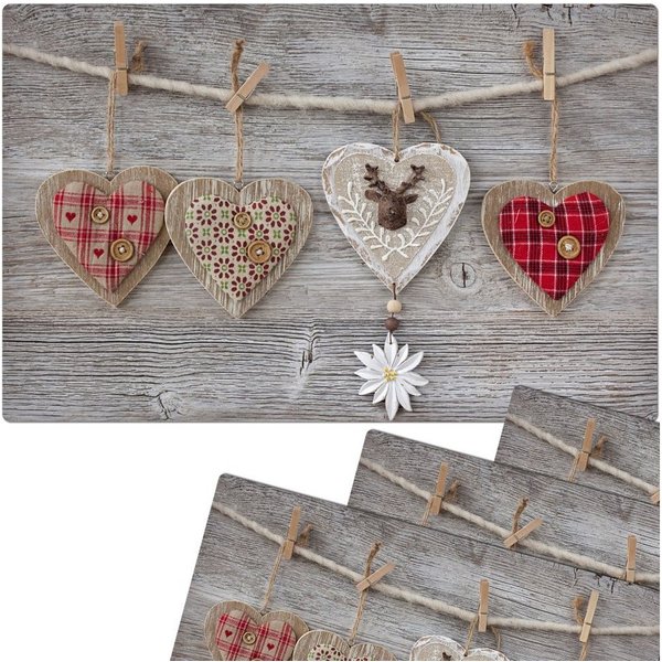 matches21 HOME & HOBBY Platzset Abwaschbare Tischsets 4er Set Landhaus-Stil Herzen & Holz, (4-St), Platzsets als Tisch-Untersetzer und Tisch-Deko für Esstisch T