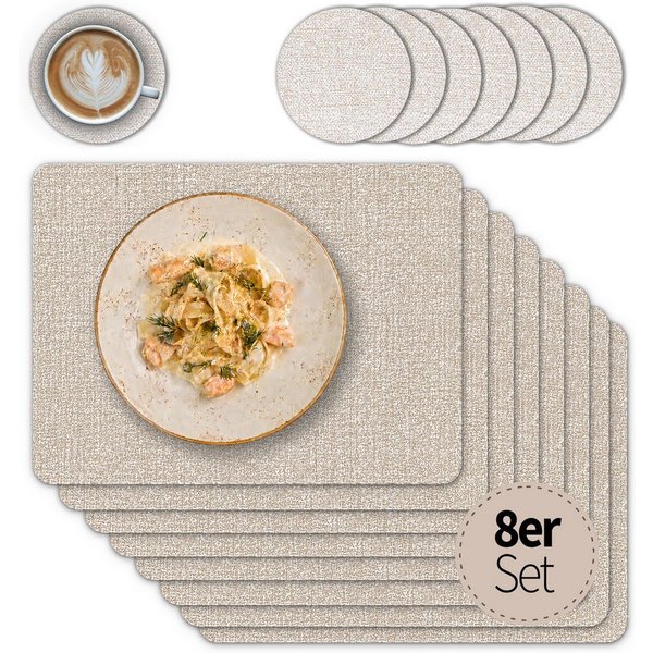 matches21 HOME & HOBBY Platzset Tischsets mit Glasuntersetzer 8er Set Beige Leinen Stoff-Optik, (8-St), Abwaschbare hitzebeständige PVC Platzsets