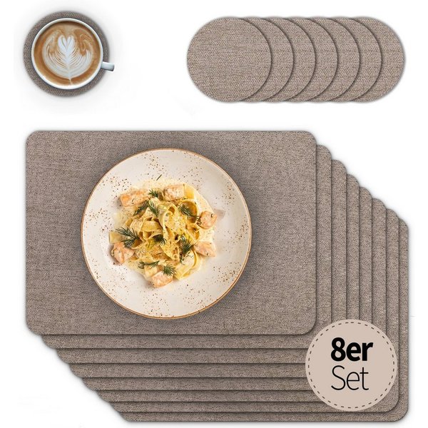 matches21 HOME & HOBBY Platzset Tischsets mit Glasuntersetzer 8er Set Braun Leinen Stoff-Optik, (8-St), Abwaschbare hitzebeständige PVC Platzsets