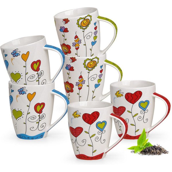 matches21 HOME & HOBBY Tasse Kaffeetassen 6er Set Blumen Herzen Frühling Sommer, 6-tlg., Porzellan, Tee Kaffee-Becher, modern, blau grün rot bunt, 300 ml