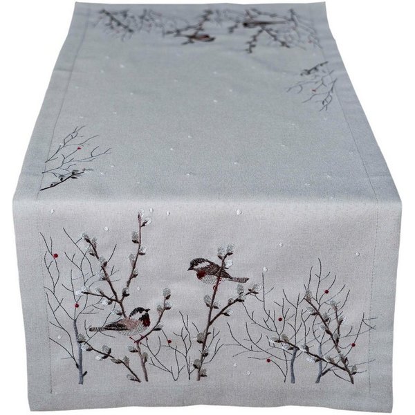 matches21 HOME & HOBBY Tischdecke Tischläufer DINA mit Vogel Stick als Herbst-Deko Polyester 40 x 90 cm (1-tlg), Pflegeleicht & waschbar bei 30 °C