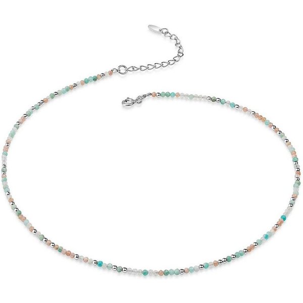 Materia Choker Edelstein Kugelkette Amazonit Mondstein Rhodonit CO-37, längenverstellbar