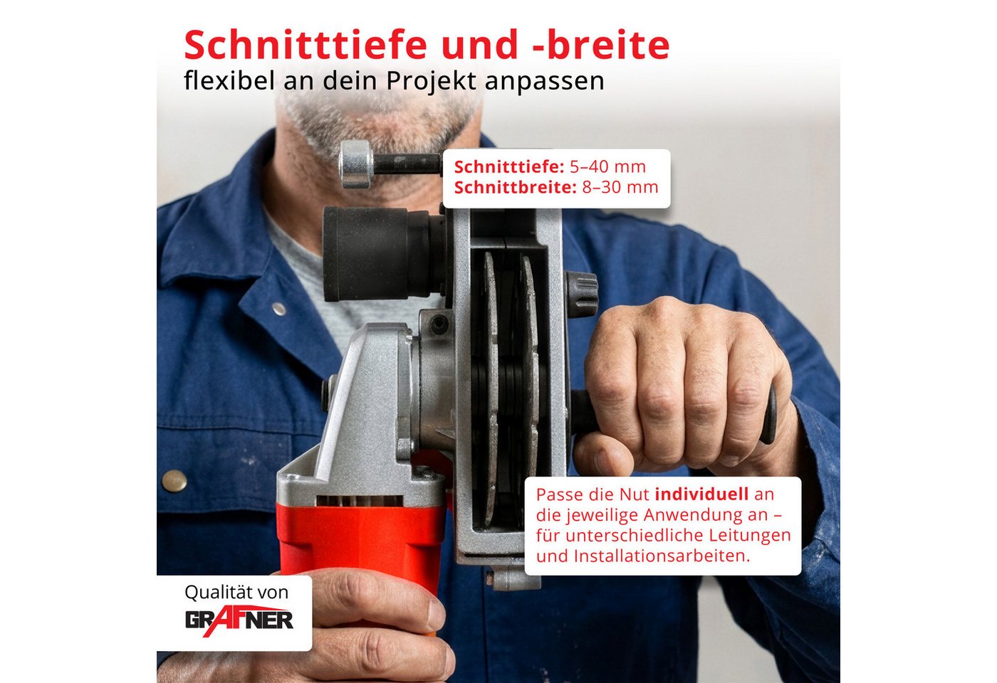 Grafner Mauernutfräse Grafner® Profi Mauernutfräse, kraftvolle 1800 Watt mit 8000 U/min, Nut, inkl. 6 Diamant-Trennscheiben – Bild 3 von 5