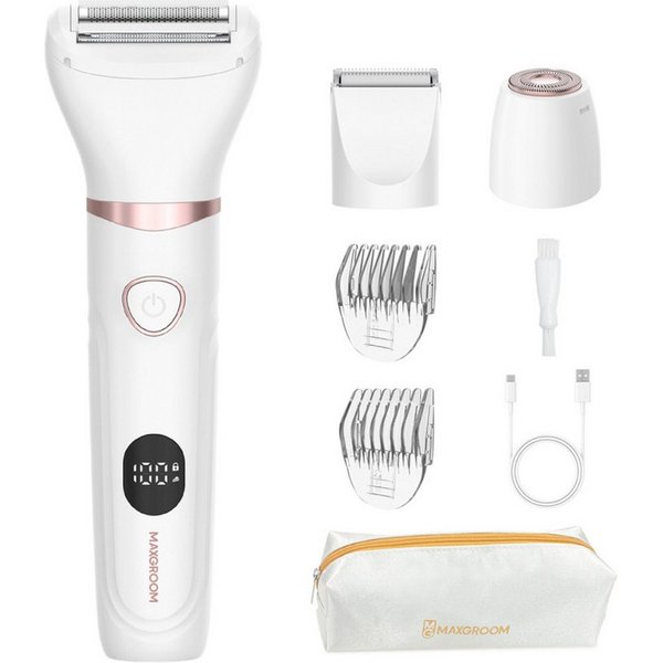 MAXGROOM Körper- und Bikinitrimmer JK-105, 3-in-1-Damentrimmer-Set für Körper, Gesicht und Bikinizone, 3-in-1-System mit IPX6-Schutz und LED-Display