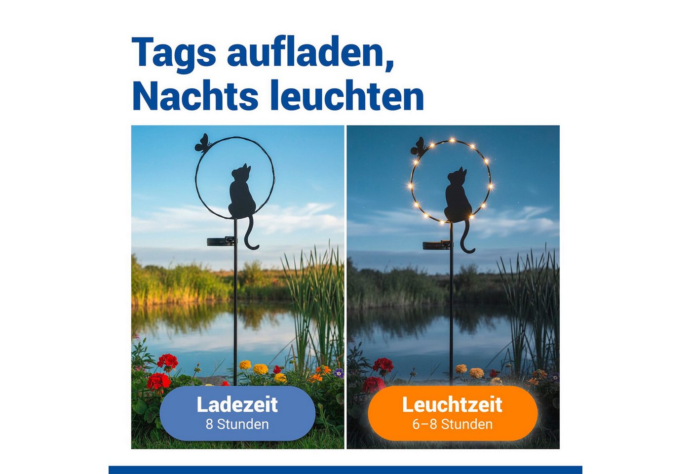 Maximex LED Gartenleuchte Modell Katze und Schmetterling, Ein-/Ausschalter, LED fest integriert, Warmweiß, solarbetriebener Gartenstecker, leuchtet bis zu 8 Stu – Bild 4 von 5