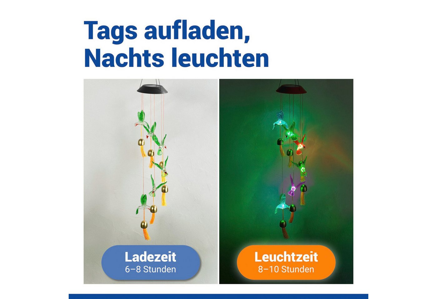 Maximex LED Gartenleuchte Modell Kolibri, Ein-/Ausschalter, Farbwechsel, LED fest integriert, Farbwechsler, solarbetriebenes Windspiel mit 6 Glocken, dekorative – Bild 3 von 5