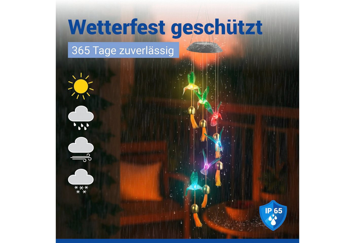 Maximex LED Gartenleuchte Modell Kolibri, Ein-/Ausschalter, Farbwechsel, LED fest integriert, Farbwechsler, solarbetriebenes Windspiel mit 6 Glocken, dekorative – Bild 4 von 5