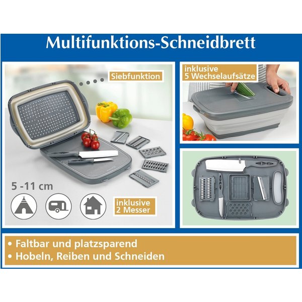 Maximex Schneidebrett Multifunktions Küchenhelfer 10in1 Schneidbrett Korb Sieb 5 Hobel-/Reib, Graue Bestandteile: Polypropylen, Weiße Bestandteile: TPE, Messer: