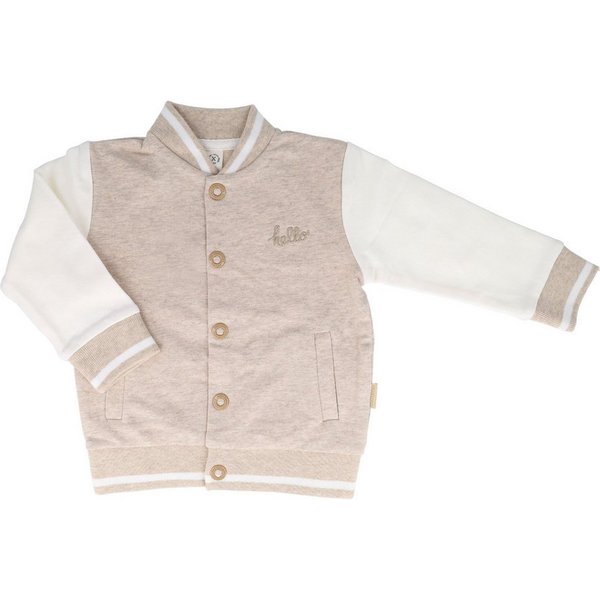 MAXIMO Sweatjacke (1-tlg) College Style, beigemeliert, weiße Ärmel, „hello“-Stickerei