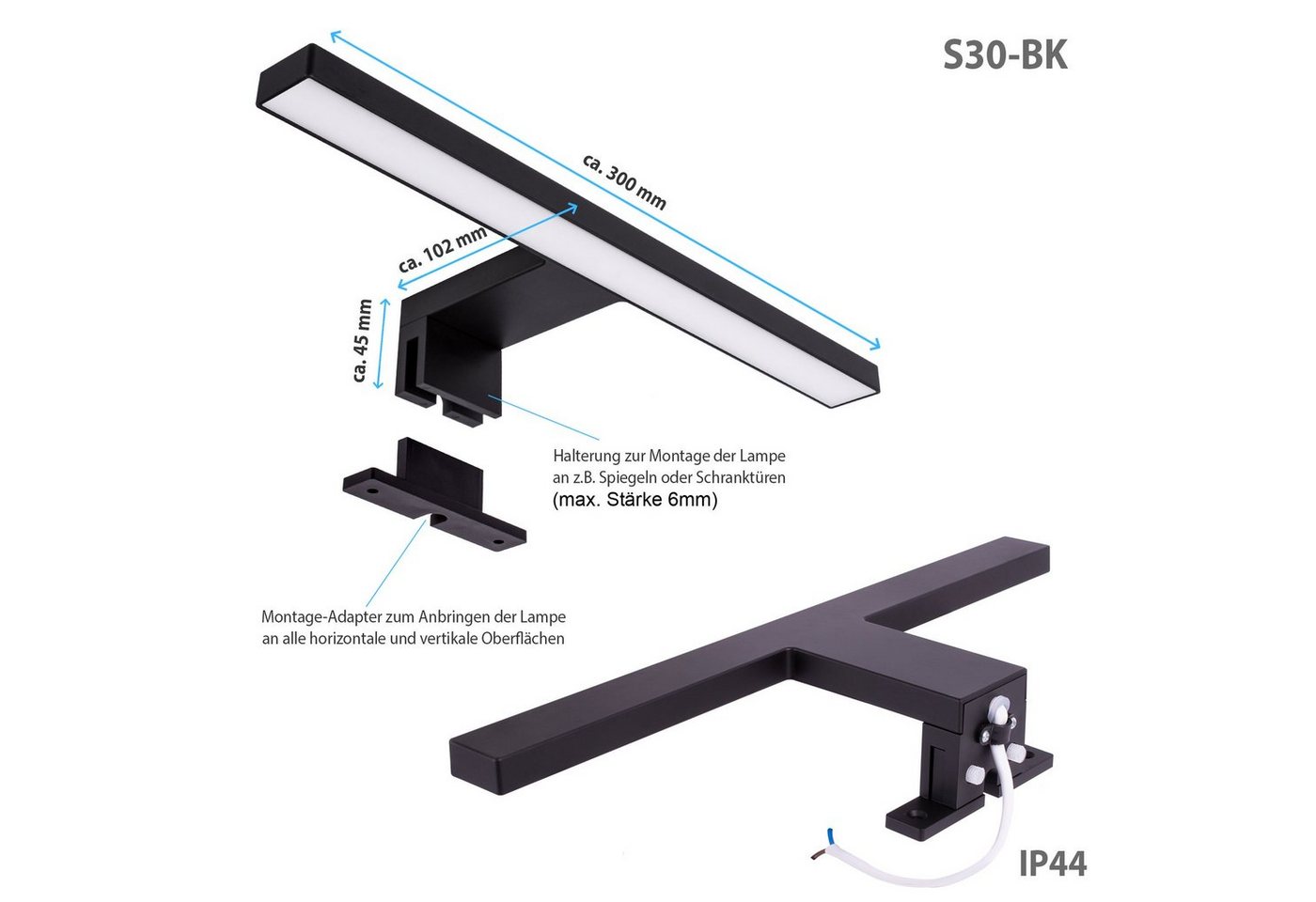 Maxkomfort LED Spiegelleuchte Badezimmer, 30/60cm, schwarz/weiß/chrom/acryl - IP44, LED fest integriert, Neutralweiß, Moderne Badbeleuchtung, Schranklicht, Schm – Bild 3 von 3