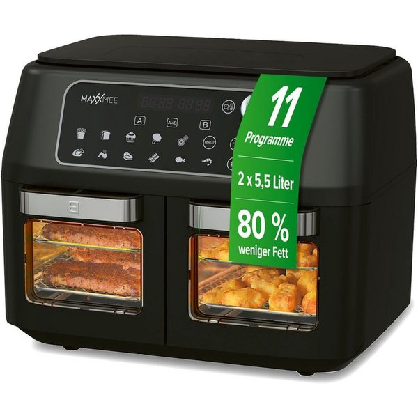 MAXXMEE Heißluftfritteuse Doppelkammer 11L 2 x 5,5l digitale Bedienung & Sichtfenster, 2400 W, besonders fettarm