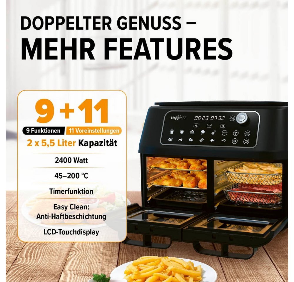 MAXXMEE Heißluftfritteuse Doppelkammer 11L 2 x 5,5l digitale Bedienung & Sichtfenster, 2400 W, besonders fettarm – Bild 3 von 5