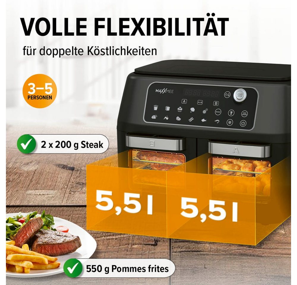 MAXXMEE Heißluftfritteuse Doppelkammer 11L 2 x 5,5l digitale Bedienung & Sichtfenster, 2400 W, besonders fettarm – Bild 5 von 5