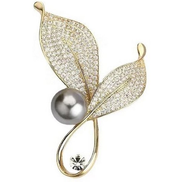 MayTree Brosche "goldene Blätter", mit Strass und einer Zierperle (Stück, 1-tlg), Metallbrosche mit Strass und einer Zierperle