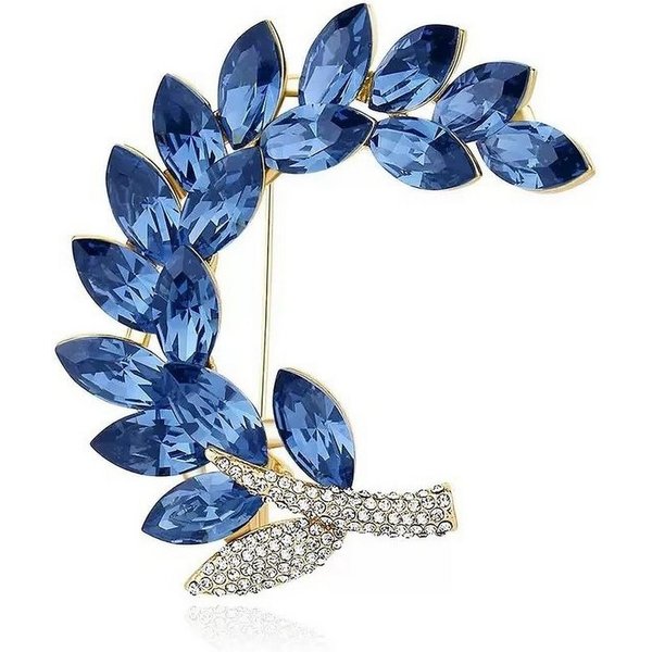MayTree Brosche "Großer Olivenzweig", groß mit Strass-Steinen blau (Stück, 1-tlg), Metallbrosche in Form eines Olivenzweigs aus blauen Glassteinen