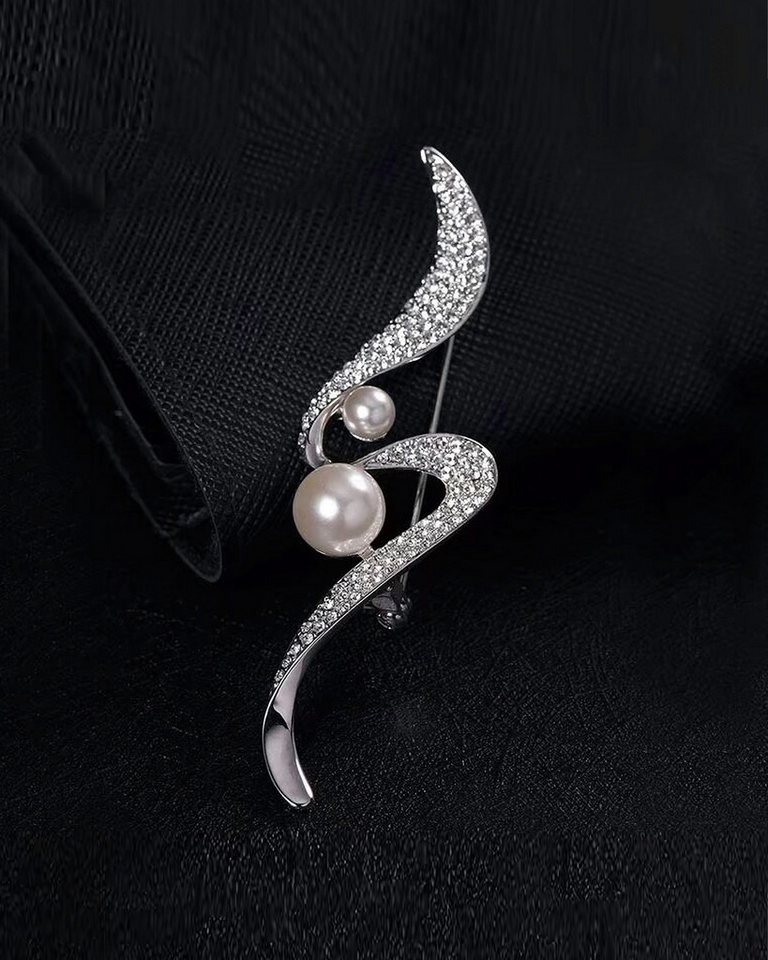 MayTree Brosche "Kobra", brilliant mit zwei Zierperlen (Stück, 1-tlg), silberfarbene Metallbrosche mit Strass-Steinen für Damen – Bild 2 von 3