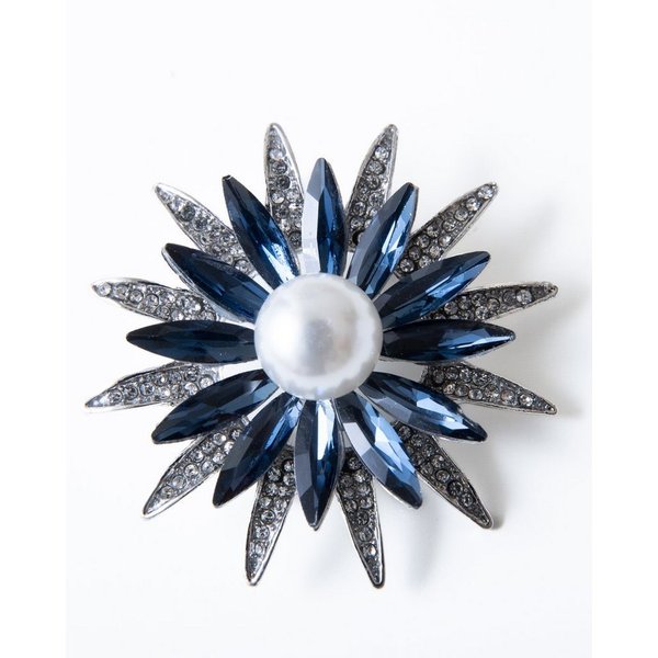 MayTree Brosche "Sommerblüte", blau mit Strass und einer Zierperle (Stück, 1-tlg), Metallbrosche mit Glassteinen, Strass und einer Zierperle