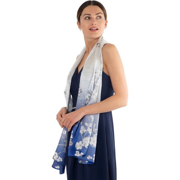 MayTree Seidenschal Mandelblüte blau, 55 x 175 cm, leichter Damen-Schal, alljährig, (Stück), Seidentuch 100% Seide