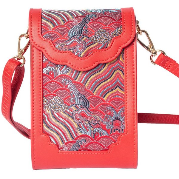 MayTree Umhängetasche Premium Rindsleder mit 100% Seide, rot, Handytasche, Cross-Body Tasche (Stück, 1-tlg), im eleganten Look aus Leder und Seide, Minibag, Han