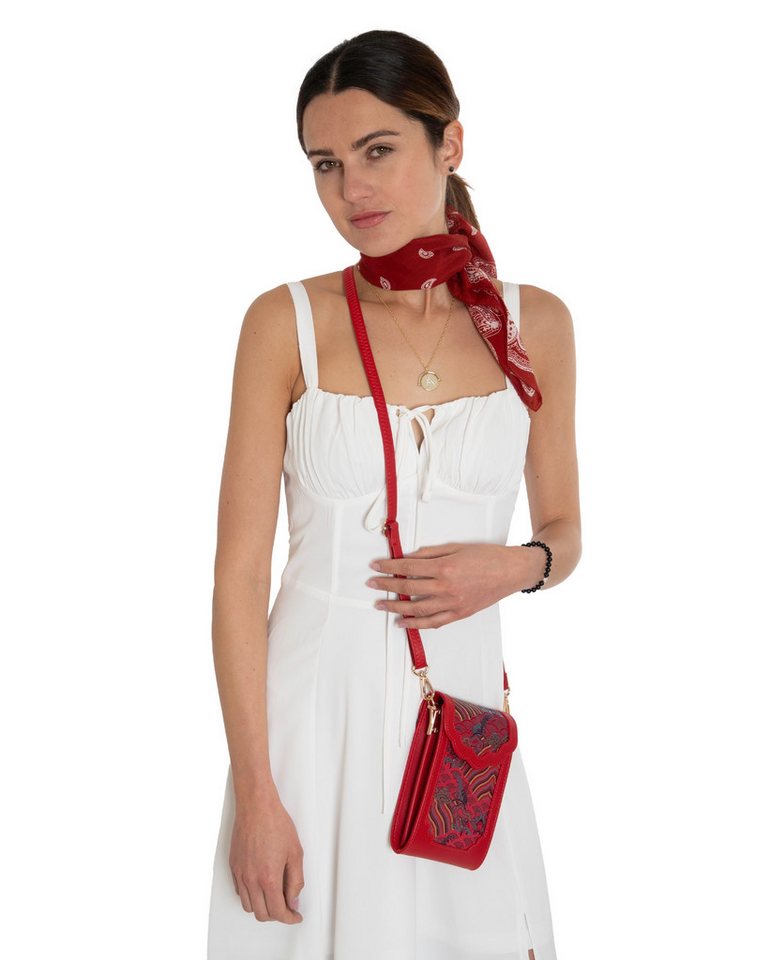 MayTree Umhängetasche Premium Rindsleder mit 100% Seide, rot, Handytasche, Cross-Body Tasche (Stück, 1-tlg), im eleganten Look aus Leder und Seide, Minibag, Han – Bild 2 von 5