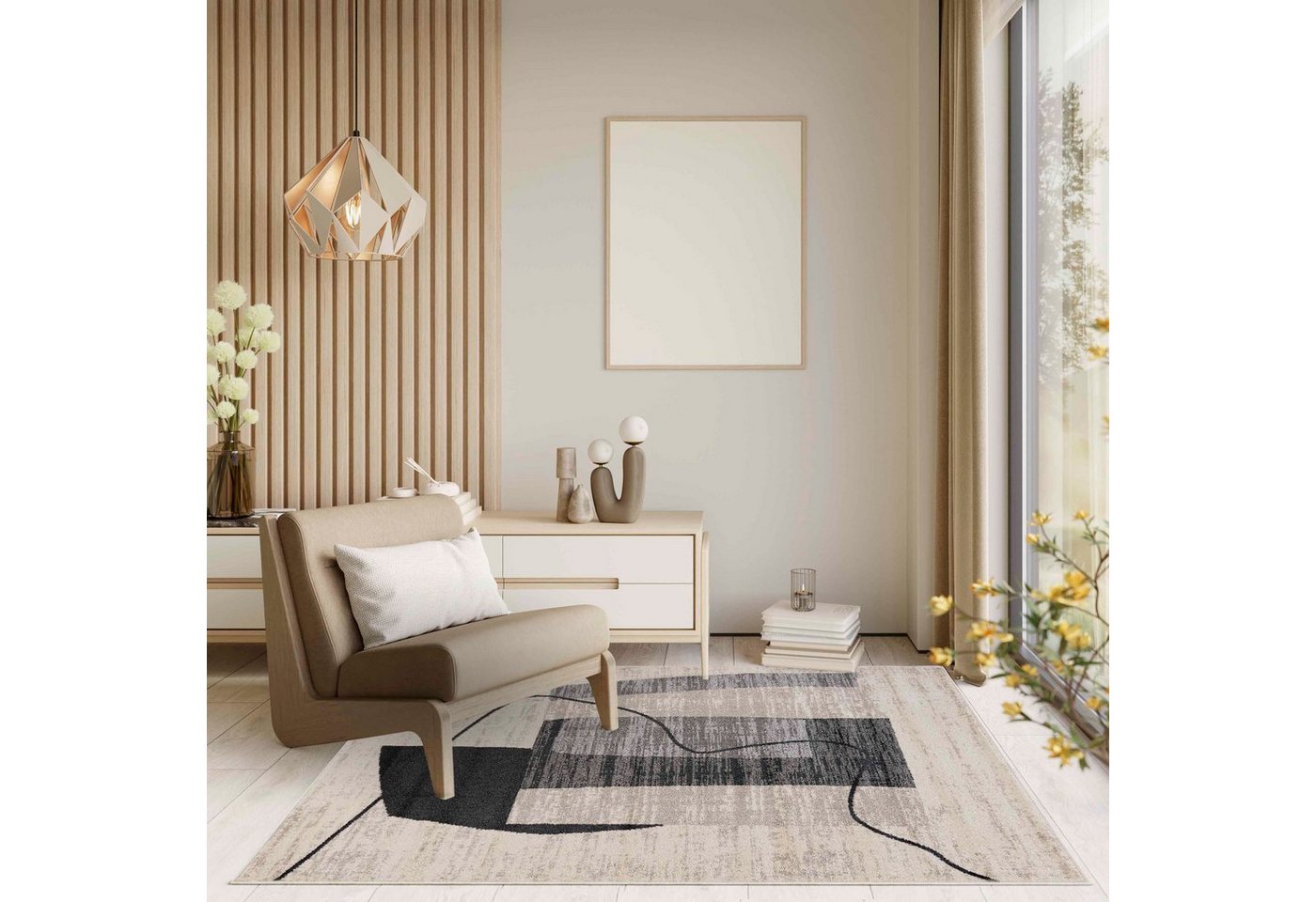 Mazovia Designteppich Modern Geometrisch Beige Anthrazit Wohnzimmer, Schlafzimmer, Büro, Fußbodenheizung – Bild 2 von 5