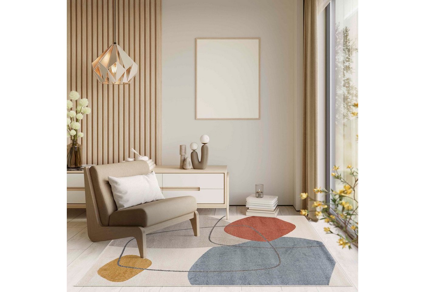Mazovia Designteppich Modern Geometrisch Beige Blau Wohnzimmer, Schlafzimmer, Büro, Fußbodenheizung – Bild 2 von 5
