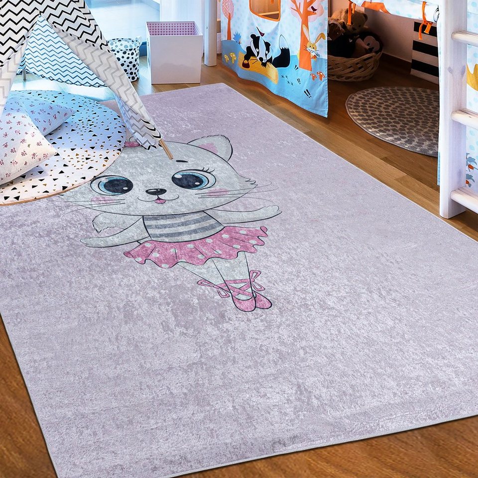 Mazovia Kinderteppich Kinderteppich Kinderzimmerteppich Katze, 80 x 150 cm, Kurflor, Waschbar in Waschmaschine, Höhe 5 mm, Rutschfest – Bild 2 von 5