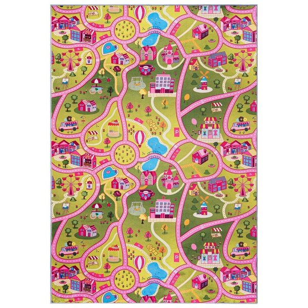 Mazovia Kinderteppich Kinderteppich Spiel Teppich Kinderzimmerteppich Straße Rosa Grün, 80 x 150 cm, Fußbodenheizung, Allergiker geeignet, Rutschfest