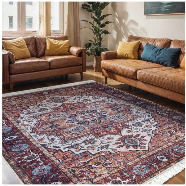 Mazovia Orientteppich Teppich Oriental Orientteppich Wohnzimmer Orient Muster Rot Braun, 80 x 150 cm, Fußbodenheizung, Allergiker geeignet, Rutschfest