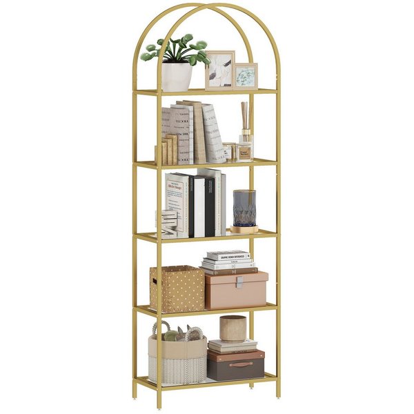 MC Star Bücherregal 5-stufiges, gewölbtes Glasregal für Wohnzimmer, Büro, Schlafzimmer, 60 x 30 x 175 cm, Gold